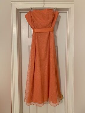 Papell Boutique Tea Length Strapless Coral-Orange Evening Gown with Belt